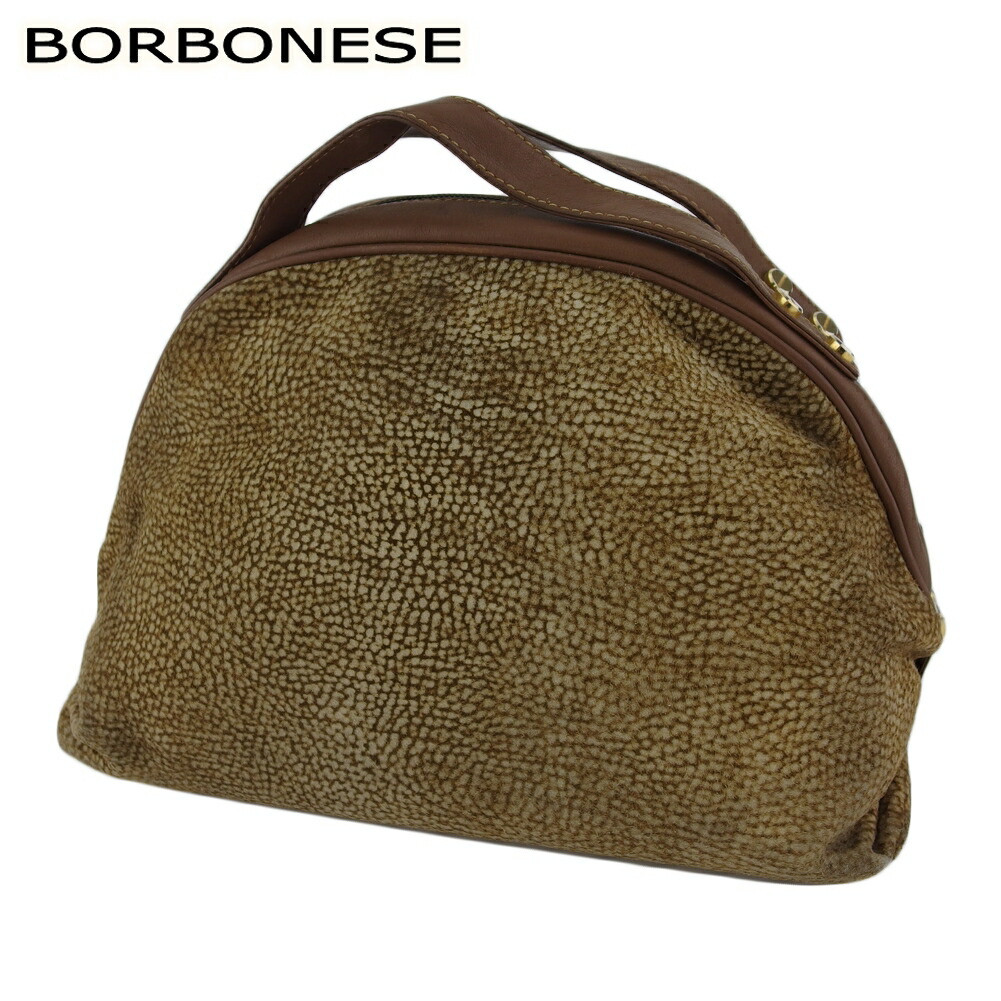 【お買い物マラソン★30％OFFクーポン】ボルボネーゼ BORBONESE ハンドバッグ うずら柄 ブラウン ベージュ ゴールド メンズ 中古 ブランド ハイブランド ヴィンテージ