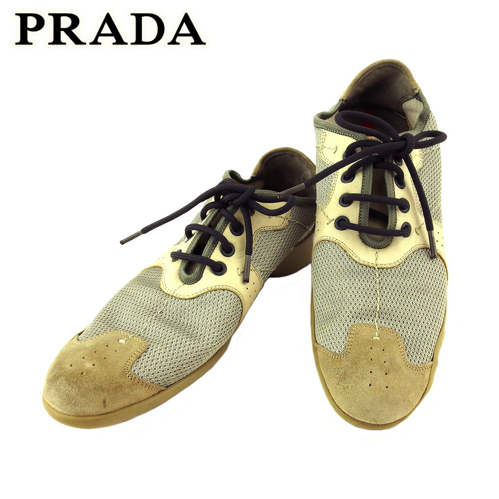 【お買い物マラソン★30％OFFクーポン】プラダ PRADA スニーカー スポーツライン ♯36ハーフ ローカット グレー 灰色 ベージュ レッド メンズ 中古 ブランド ハイブランド ヴィンテージ 16,141円