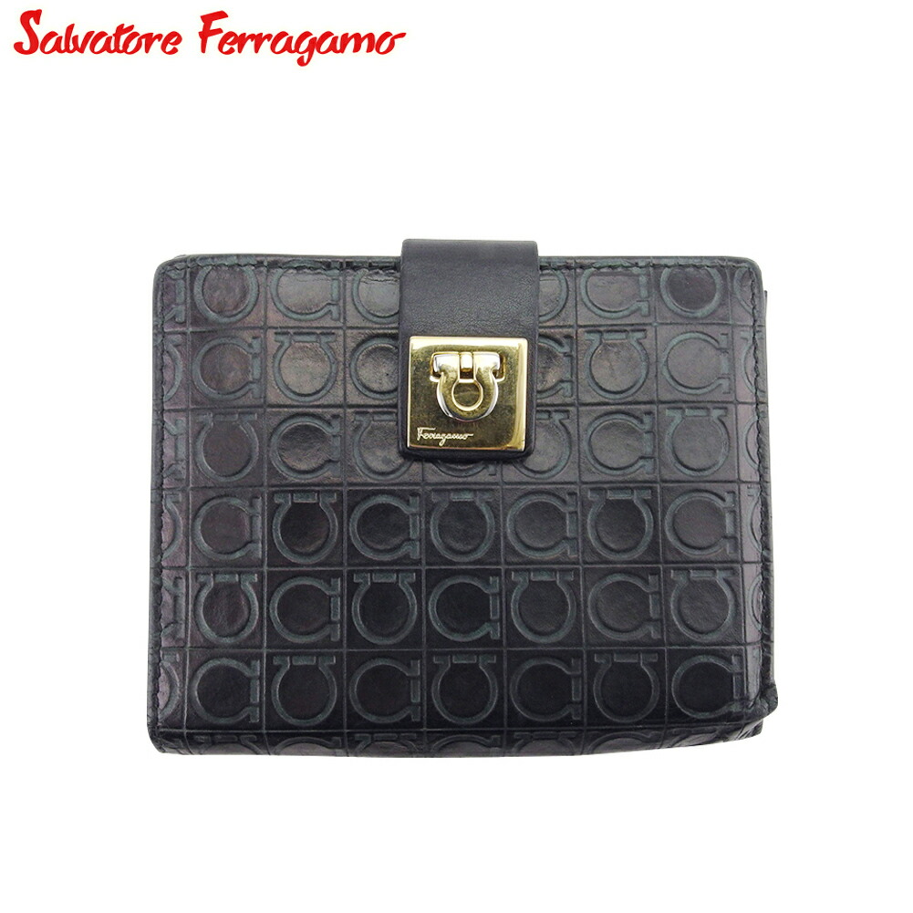 【Fashion Special Fair★24％OFFクーポン】サルヴァトーレフェラガモ Salvatore Ferragamo 二つ折り財布 ガンチーニ ブラック ゴールド メンズ 中古 ブランド ハイブランド ヴィンテージ
