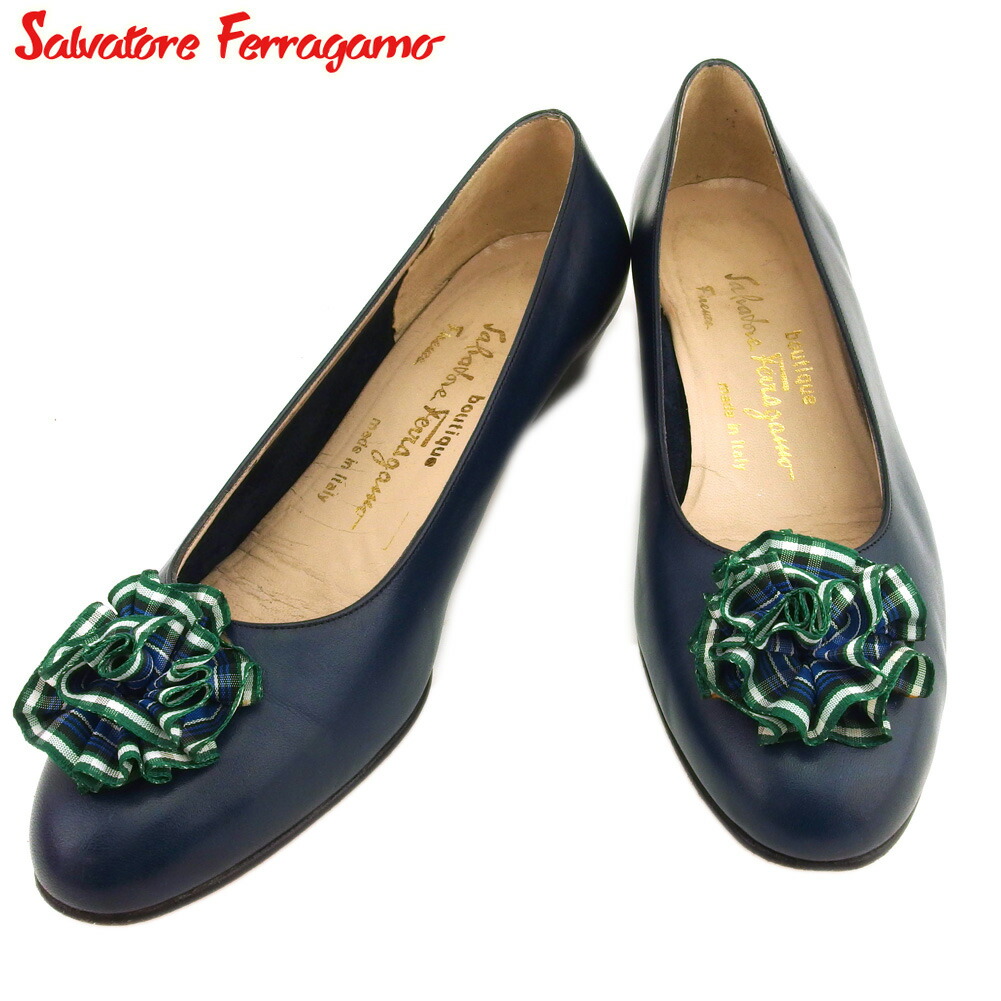 【百貨店SALE★最大限度50％OFF】サルヴァトーレフェラガモ Salvatore Ferragamo パンプス ラウンドトゥ ♯7C 照合のしるし柄主題付き添い人 米国海軍 緑であること 黒いこと系 メンズ 中古 ブランド名 ご機嫌ブランド名 ヴィンテージ