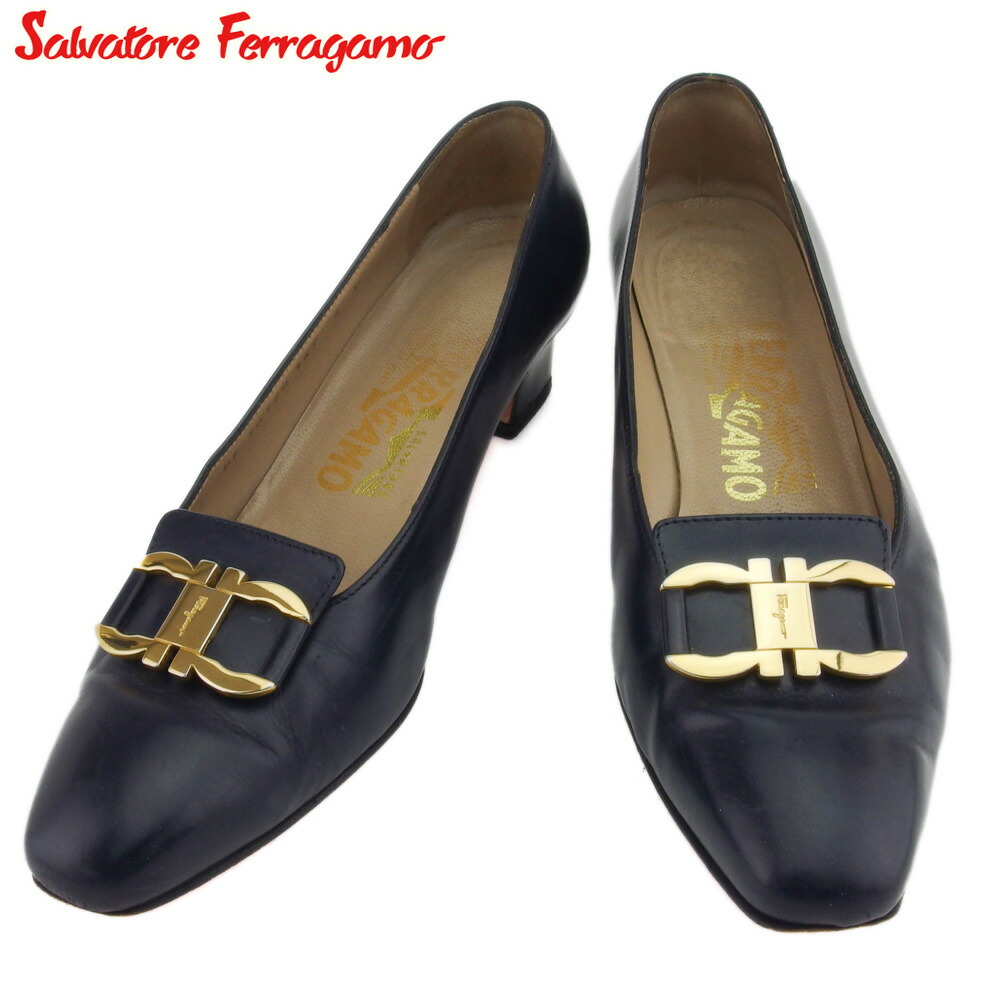 【百貨店SALE★最大限度50％OFF】サルヴァトーレフェラガモ Salvatore Ferragamo パンプス ガンチーニ ♯5D スクエアトゥ 米国海軍 ゴールド メンズ 中古 ブランド名 ご機嫌ブランド名 ヴィンテージ