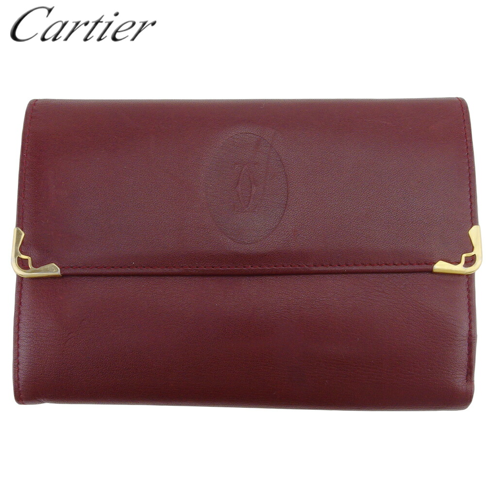 【お買い出しマラソン★30％OFFクーポン券】カルティエ CARTIER 三つ折りがま口 帆柱伝達ルート ボルドーワイン ゴールド メンズ 中古 ブランド名 ご機嫌ブランド名 ヴィンテージ レディース財布-財布・ケース