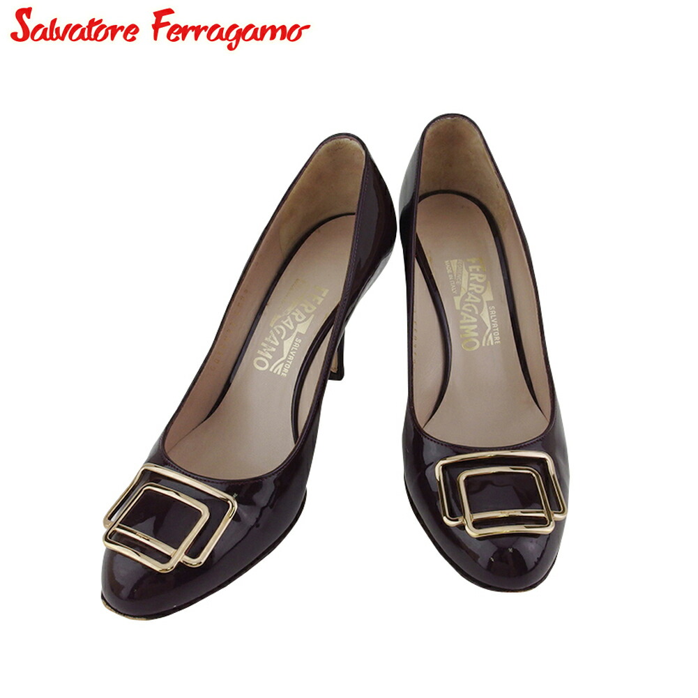 【お買い物マラソン★30％OFFクーポン】サルヴァトーレフェラガモ Salvatore Ferragamo パンプス ロゴプレート ♯6ハーフC ハイヒール パープル ブラウン ゴールド メンズ 中古 ブランド ハイブランド ヴィンテージ｜ブランドデポ