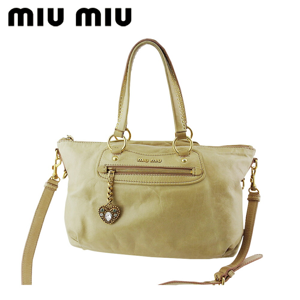 【月入れ替わり大売り出し★29％OFF引き換え証】ミュウミュウ MIUMIU ショルダーバッグ ロゴタイプ ハート型 ビジュー 引きつける付き添い人 ベージュ さくら色 ゴールド メンズ 中古 ブランド名 ご機嫌ブランド名 ヴィンテージ