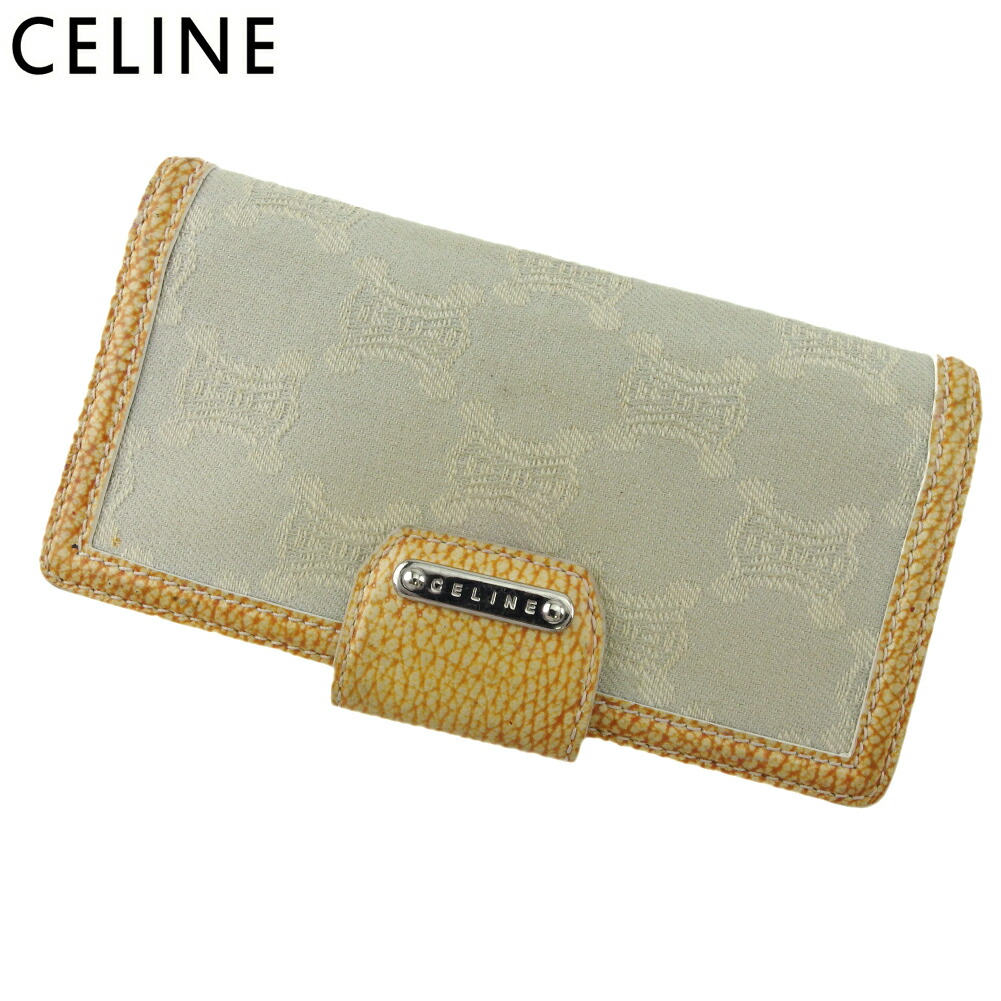 【土日BIG SALE★27％OFF引き換え証】セリーヌ CELINE 長紙入れ マカダム ベージュ オレンジ色 しろがね色 レディース 中古 ブランド名 ご機嫌ブランド名 ヴィンテージ