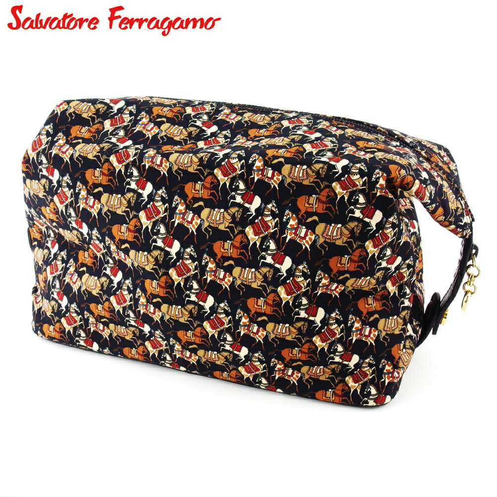 【Fashion Special Fair★24%OFFクーポン】サルヴァトーレフェラガモ Salvatore Ferragamo ポーチ 馬柄 ホースプリント ブラック ブラウン ベージュ系 メンズ 中古 ブランド ハイブランド ヴィンテージ