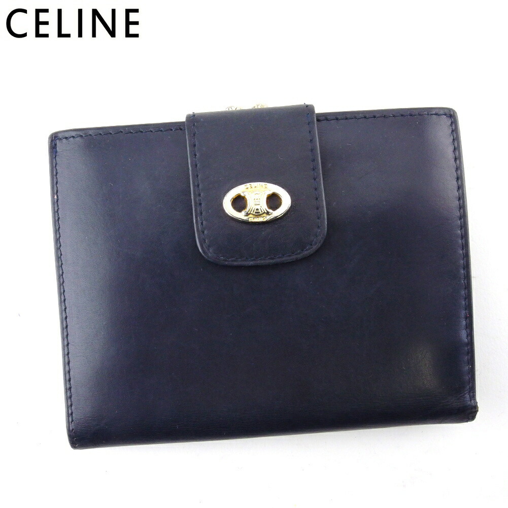 【土日BIG SALE★27％OFF引き換え証】セリーヌ CELINE 二つ折り紙入れ トリオンフマーク 米国海軍 ゴールド しろがね色 レディース 中古 ブランド名 ご機嫌ブランド名 ヴィンテージ