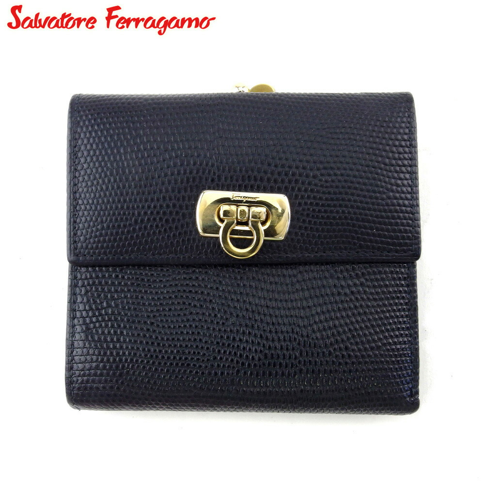 【決算前SALE★50％OFFクーポン】サルヴァトーレフェラガモ Salvatore Ferragamo 二つ折り財布 ガンチーニ リザード調 ネイビー ゴールド レディース 中古 ブランド ハイブランド ヴィンテージ