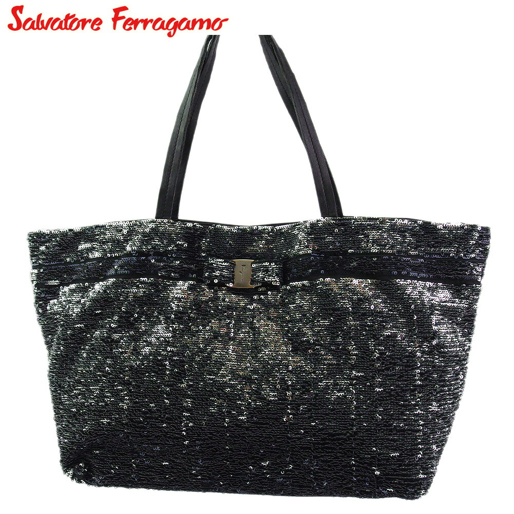 【お買い物マラソン★30％OFFクーポン】サルヴァトーレフェラガモ Salvatore Ferragamo トートバッグ ヴァラリボン スパンコール ブラック シルバー ゴールド レディース 中古 ブランド ハイブランド ヴィンテージ