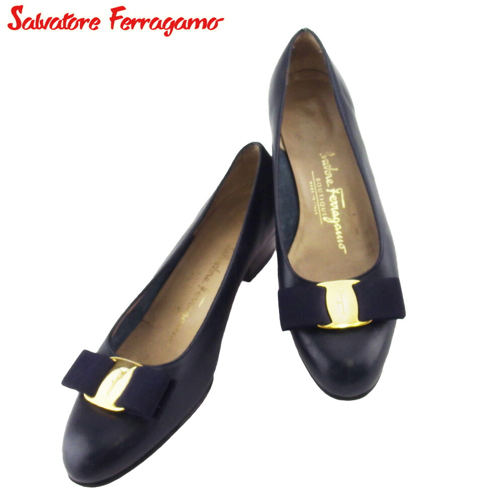 【百貨店SALE★最大限度50％OFF】サルヴァトーレフェラガモ Salvatore Ferragamo パンプス ヴァラリボン ♯5C ラウンドトゥ 米国海軍 ゴールド 黒いこと メンズ 中古 ブランド名 御機嫌ブランド名 ヴィンテージ