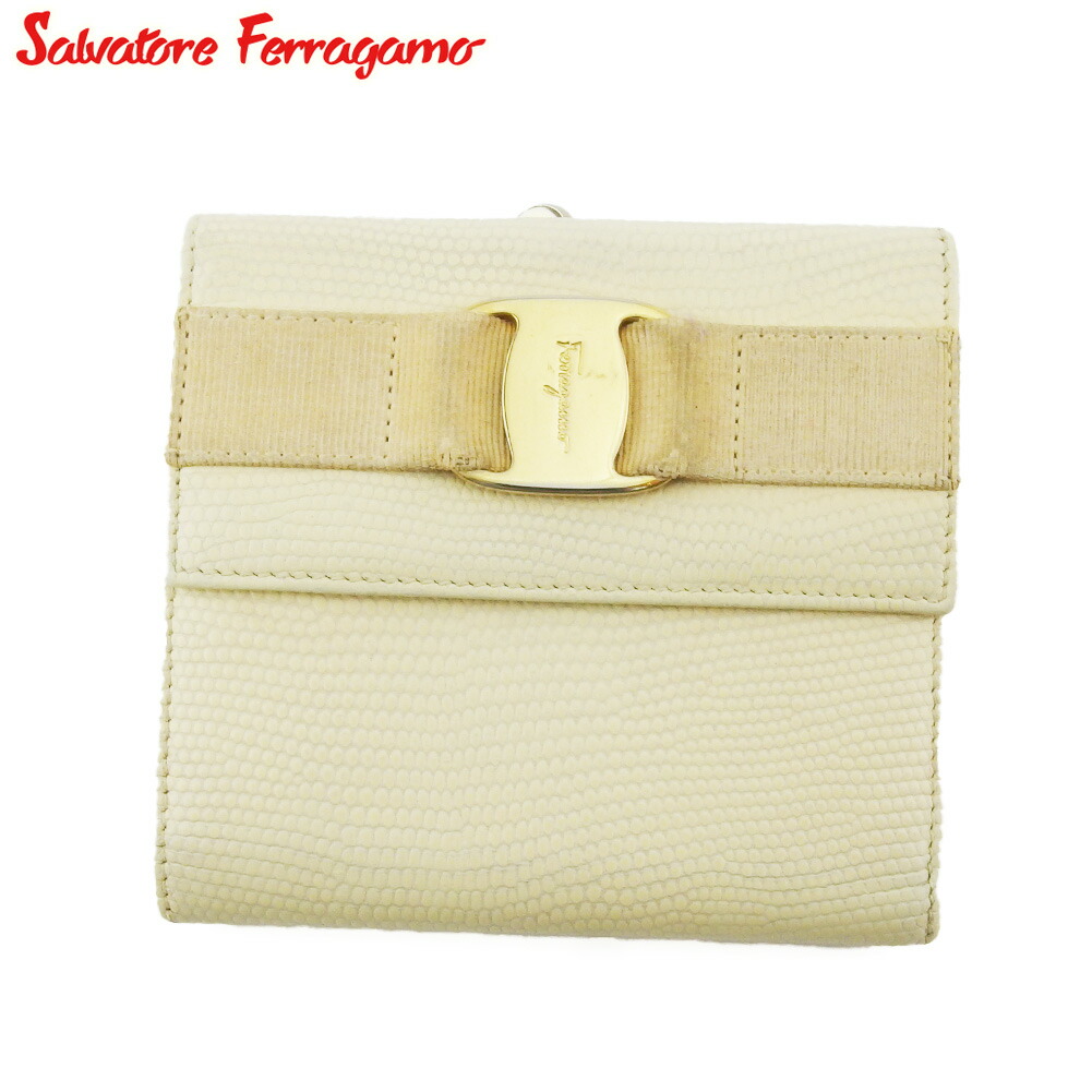 【お買い物マラソン★30％OFFクーポン】サルヴァトーレフェラガモ Salvatore Ferragamo 二つ折り財布 ヴァラ リザード調 ホワイト 白 ベージュ ゴールド メンズ 中古 ブランド ハイブランド ヴィンテージ