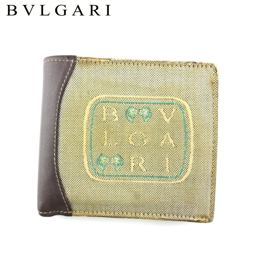 【Fashion Special Fair★24％OFFクーポン】ブルガリ BVLGARI 二つ折り財布 ロゴ ベージュ ブラウン ブルー メンズ 中古 ブランド ハイブランド ヴィンテージ