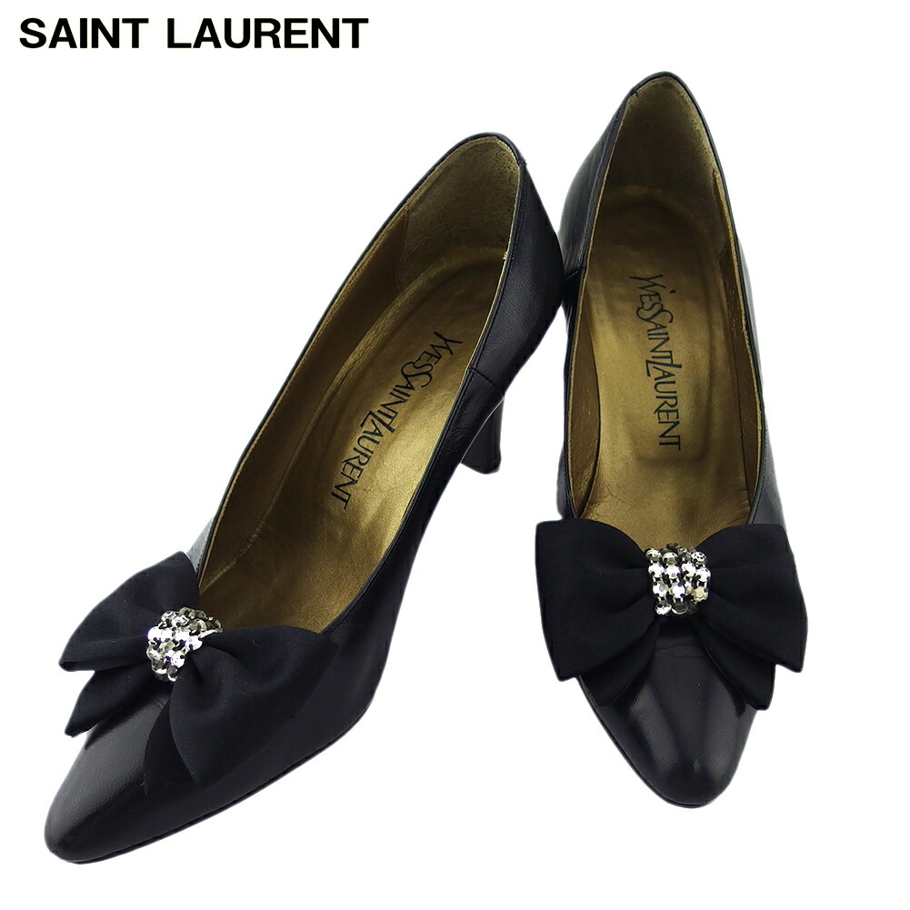 【お買い物マラソン★30%OFFクーポン】サンローラン SAINT LAURENT パンプス リボン ♯36 ラインストーン付き ブラック レディース 中古 ブランド ハイブランド ヴィンテージ|ブランドデポ