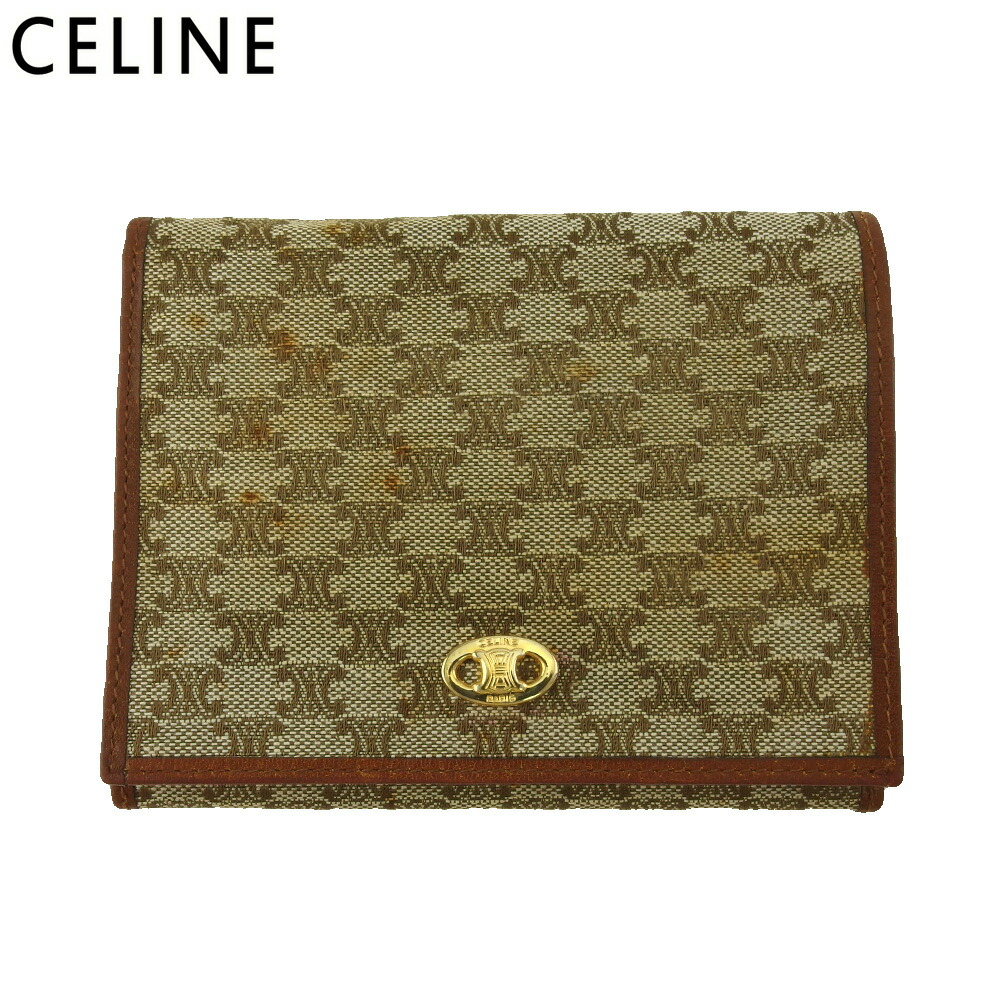 【雨季得SALE★21％OFFクーポン券】セリーヌ CELINE 二つ折り紙入れ マカダム ベージュ 赤銅色 ゴールド メンズ 中古 ブランド名 ご機嫌ブランド名 ヴィンテージ
