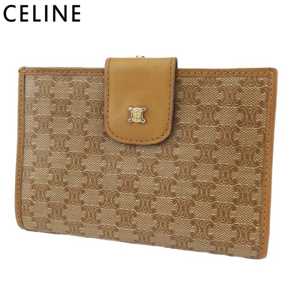 【決算前SALE★50%OFFクーポン】セリーヌ CELINE 二つ折り財布 マカダム ベージュ ブラウン ゴールド レディース 中古 ブランド ハイブランド ヴィンテージ