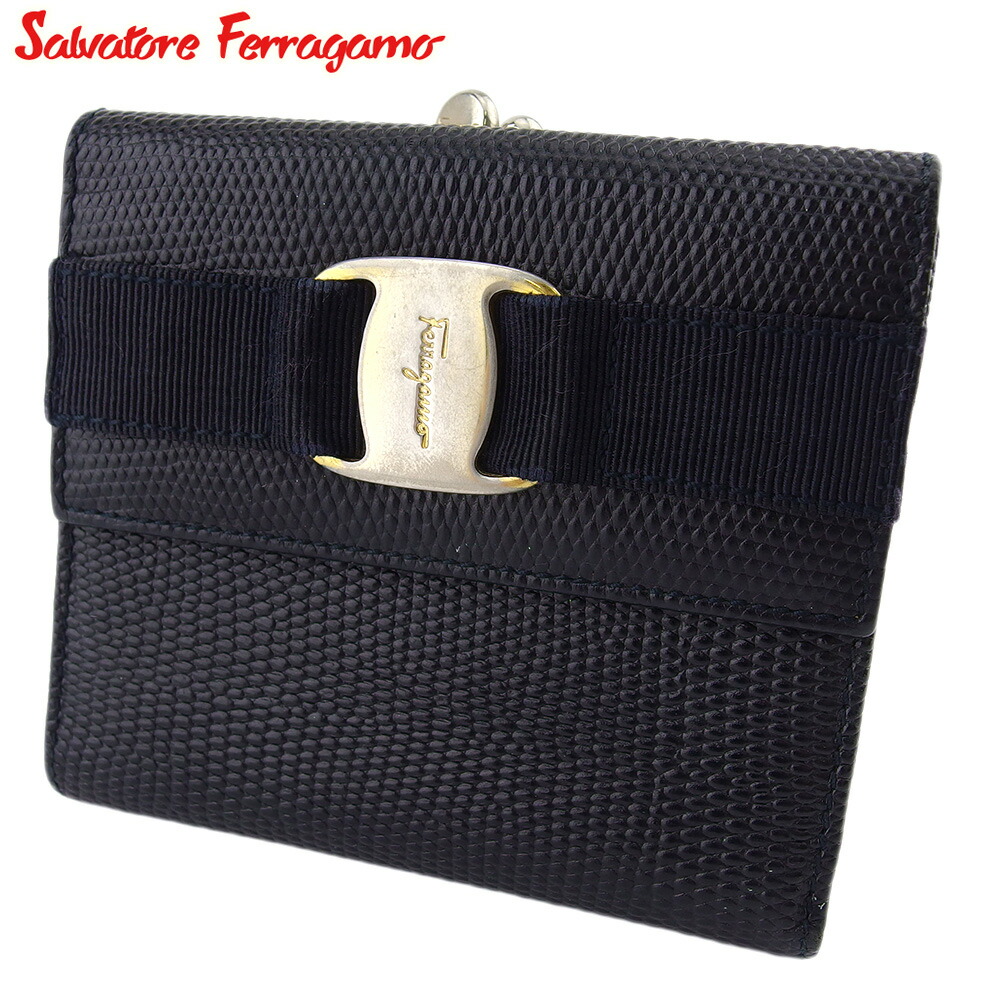 【お買い物マラソン★30％OFFクーポン】サルヴァトーレフェラガモ Salvatore Ferragamo 二つ折り財布 ヴァラ リザード調 ネイビー ゴールド メンズ 中古 ブランド ハイブランド ヴィンテージ
