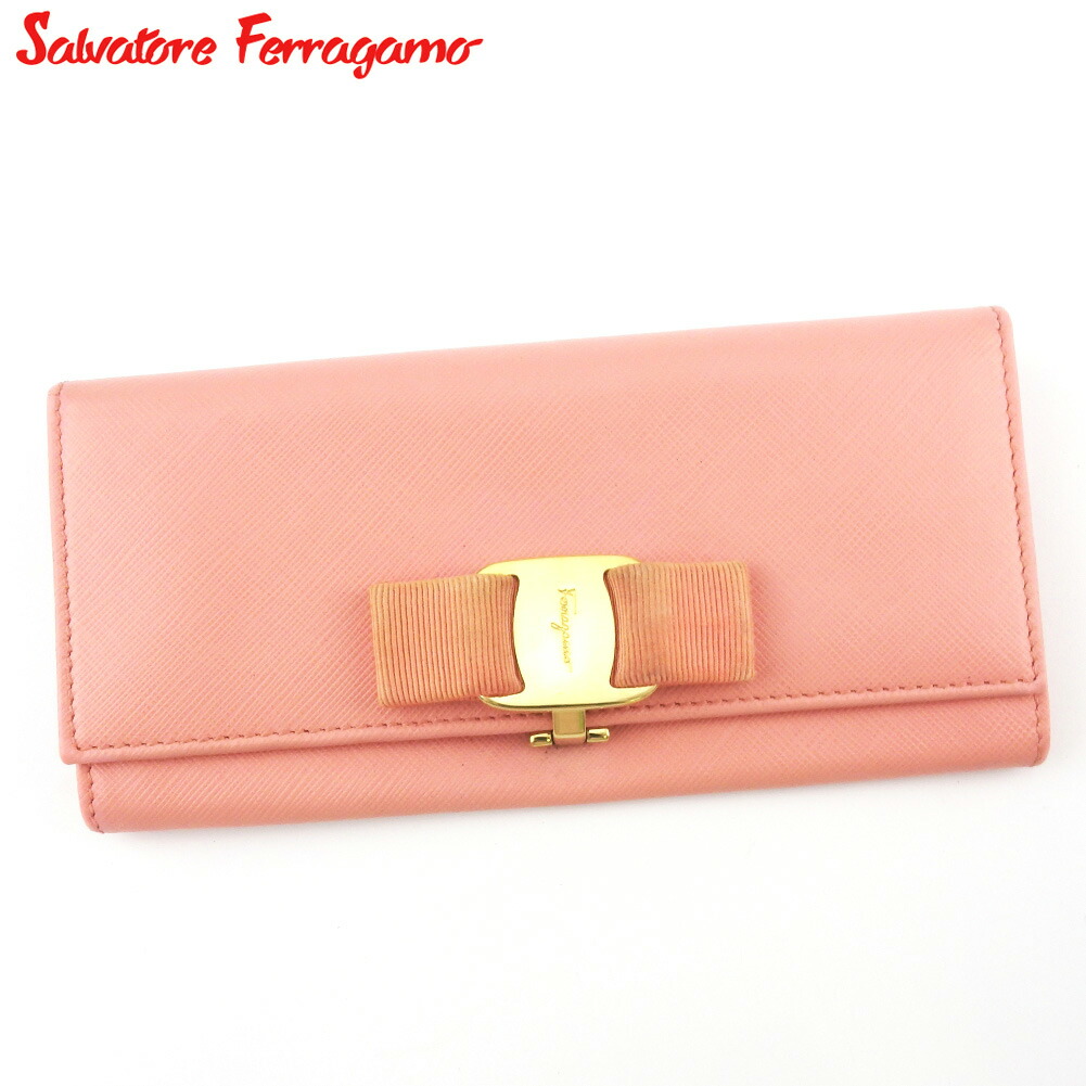 【百貨店SALE★最大限度50％OFF】サルヴァトーレフェラガモ Salvatore Ferragamo 長紙入れ ヴァラリボン サクラ色 ゴールド メンズ 中古 ブランド名 ご機嫌ブランド名 ヴィンテージ