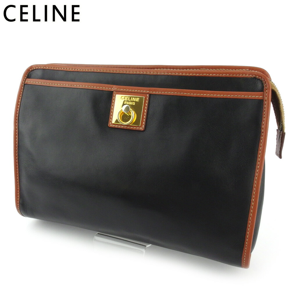 【お買い物マラソン★30％OFFクーポン】セリーヌ CELINE クラッチバッグ ロゴプレート ブラック ブラウン ゴールド メンズ 中古 ブランド ハイブランド ヴィンテージ｜ブランドデポ