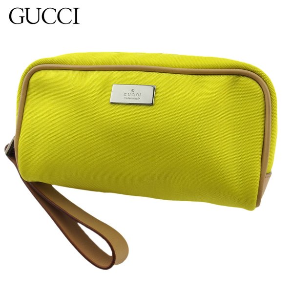 【新生活応援★29％OFFクーポン】グッチ GUCCI ポーチ ロゴプレート イエロー ベージュ シルバー レディース 中古 ブランド ハイブランド ヴィンテージ