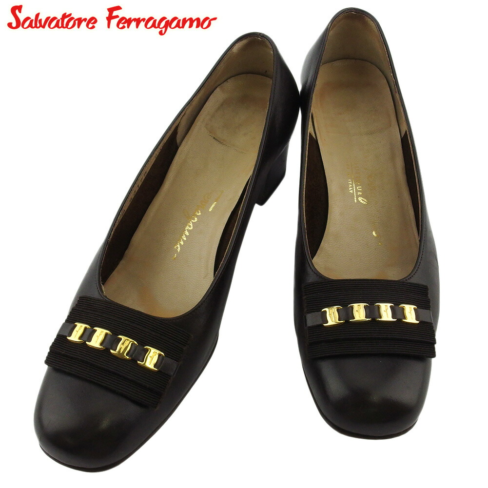 【決算前SALE★50％OFFクーポン】サルヴァトーレフェラガモ Salvatore Ferragamo パンプス ヴァラ ♯5ハーフC スクエアトゥ ブラウン ゴールド メンズ 中古 ブランド ハイブランド ヴィンテージ