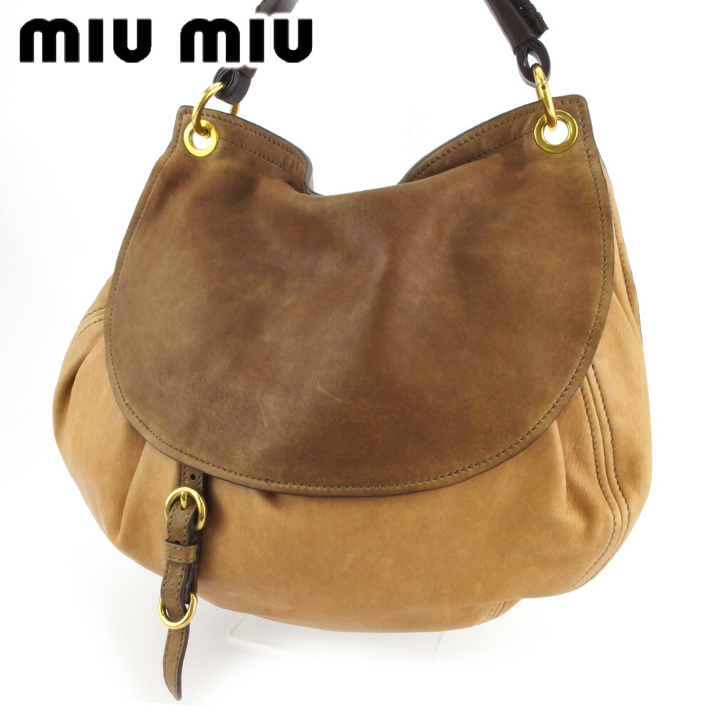 【新生活応援★29％OFFクーポン】ミュウミュウ MIUMIU ハンドバッグ ロゴ ベージュ ブラウン ゴールド レディース 中古 ブランド ハイブランド ヴィンテージ