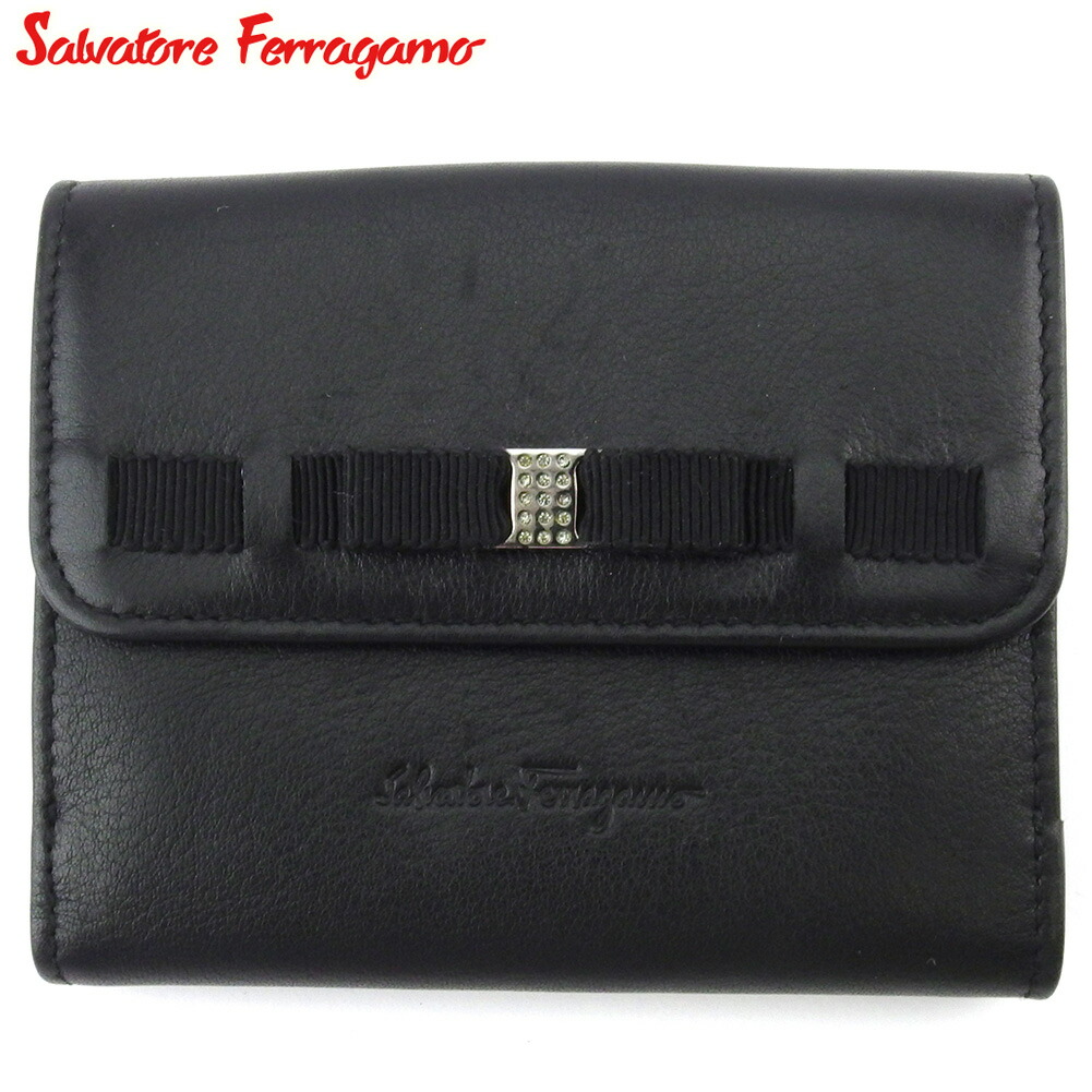 【雨季得SALE★21％OFFクーポン券】サルヴァトーレフェラガモ Salvatore Ferragamo 二つ折り紙入れ ヴァラリボン 伝達ルート石ころ付き添い人 黒いこと しろがね色 メンズ 中古 ブランド名 ご機嫌ブランド名 ヴィンテージ