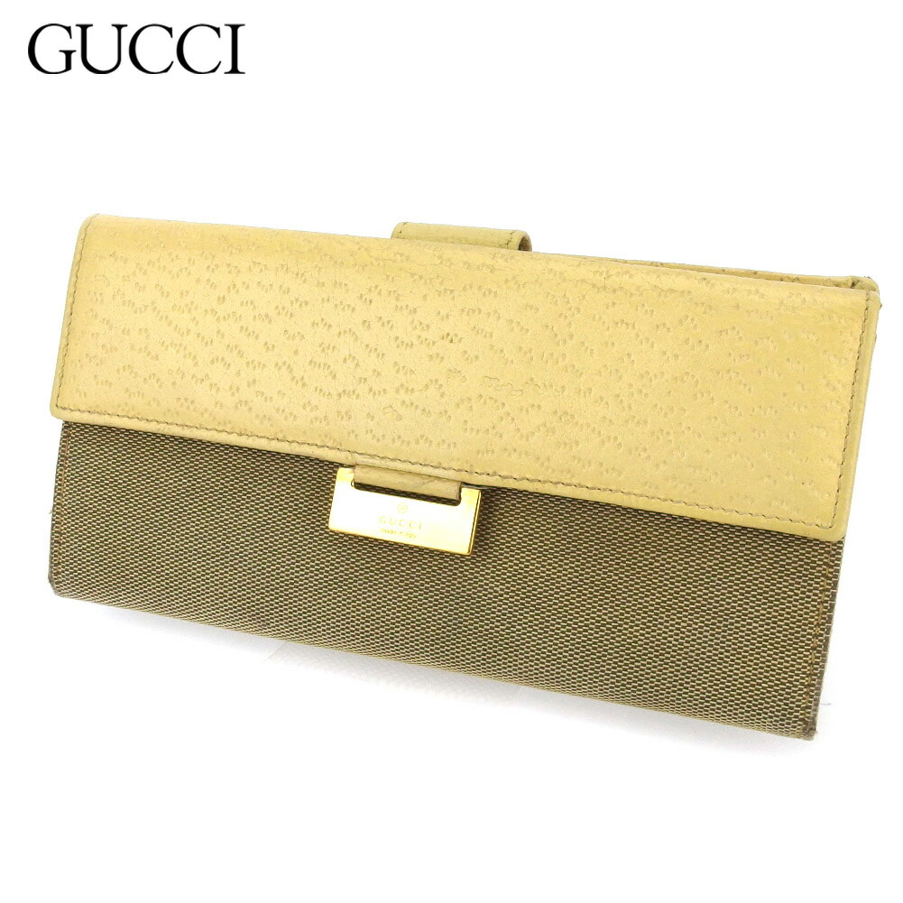 【お買い物マラソン★30％OFFクーポン】グッチ GUCCI 長財布 ロゴプレート ベージュ ブラウン ゴールド メンズ 中古 ブランド ハイブランド ヴィンテージ