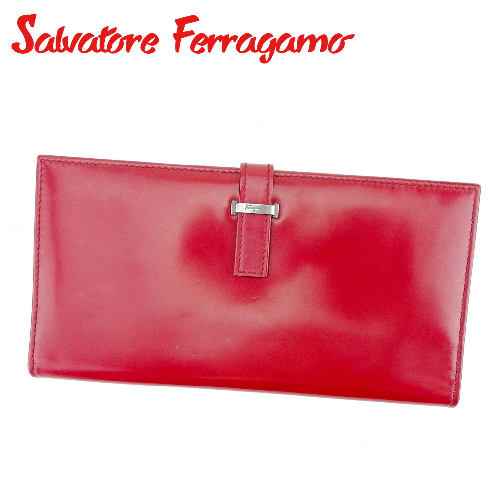 【お買い物マラソン★30％OFFクーポン】サルヴァトーレフェラガモ Salvatore Ferragamo 札入れ ロゴプレート レッド シルバー メンズ 中古 ブランド ハイブランド ヴィンテージ