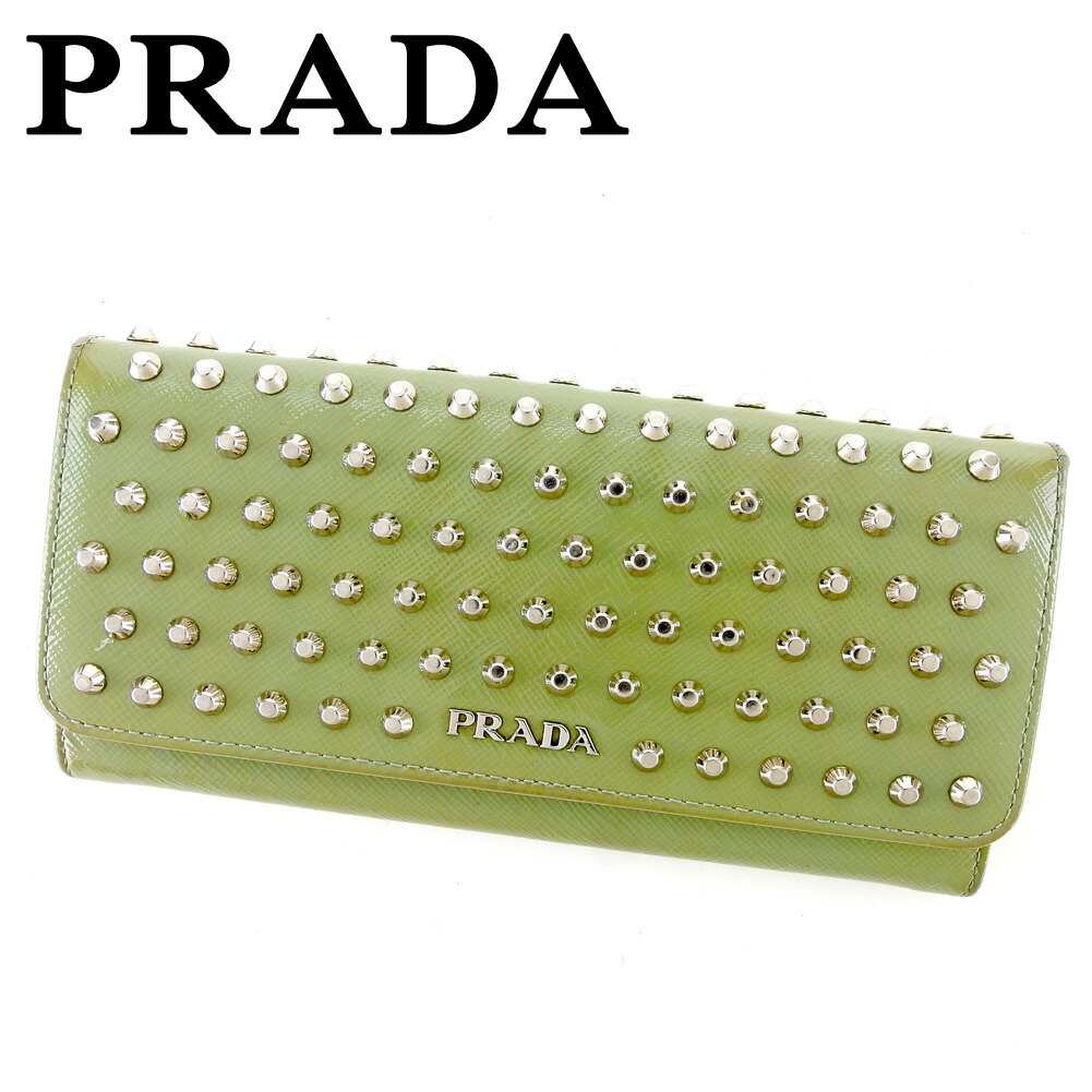 【お買い物マラソン★30％OFFクーポン】プラダ PRADA 長財布 スタッズ グリーン シルバー ブルー メンズ 中古 ブランド ハイブランド ヴィンテージ