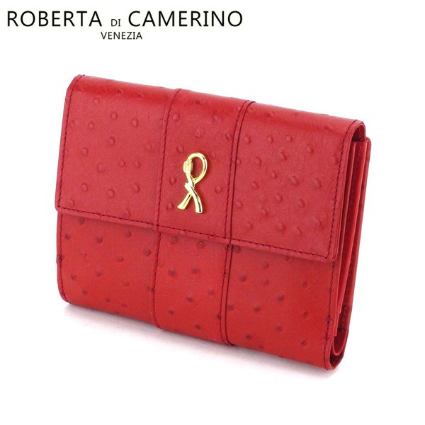 【新生活応援★29％OFFクーポン】ロベルタ・ディ・カメリーノ Roberta di Camerino 二つ折り財布 オーストリッチ調 Rマーク レッド ゴールド レディース 中古 ブランド ハイブランド ヴィンテージ