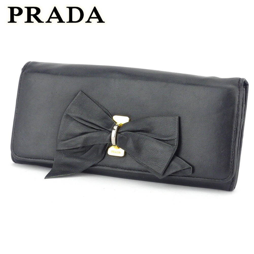 【お買い物マラソン★30％OFFクーポン】プラダ PRADA 長財布 リボンモチーフ ブラック メンズ 中古 ブランド ハイブランド ヴィンテージ