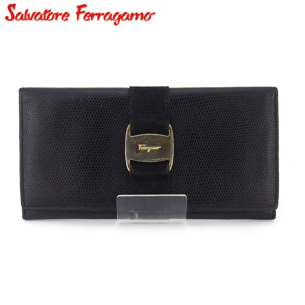 【Fashion Special Fair★28％OFF引き換え証】サルヴァトーレフェラガモ Salvatore Ferragamo 長札入れ ヴァラ 蜥蜴調 黒いこと ゴールド メンズ 中古 ブランド名 ご機嫌ブランド名 ヴィンテージ 財布・ケース-レディース財布
