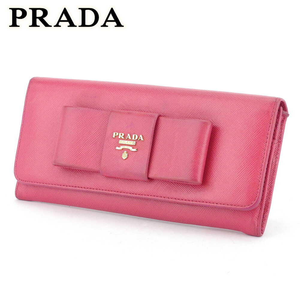 【月代わりの人大売り出し★29％OFFクーポン券】プラダ PRADA 長紙入れ シュロの葉 サクラ色 ゴールド メンズ 中古 ブランド名 ご機嫌ブランド名 ヴィンテージ