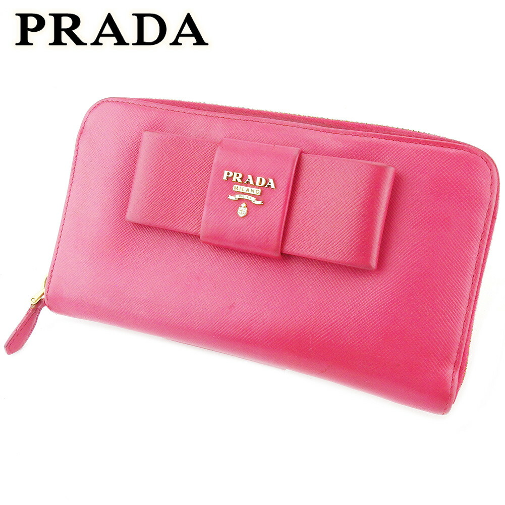 【お買い出しマラソン★30％OFF引き換え証】プラダ PRADA 長札入れ シュロの葉 サクラ色 ゴールド メンズ 中古 ブランド名 ご機嫌ブランド名 ヴィンテージ 財布・ケース-レディース財布