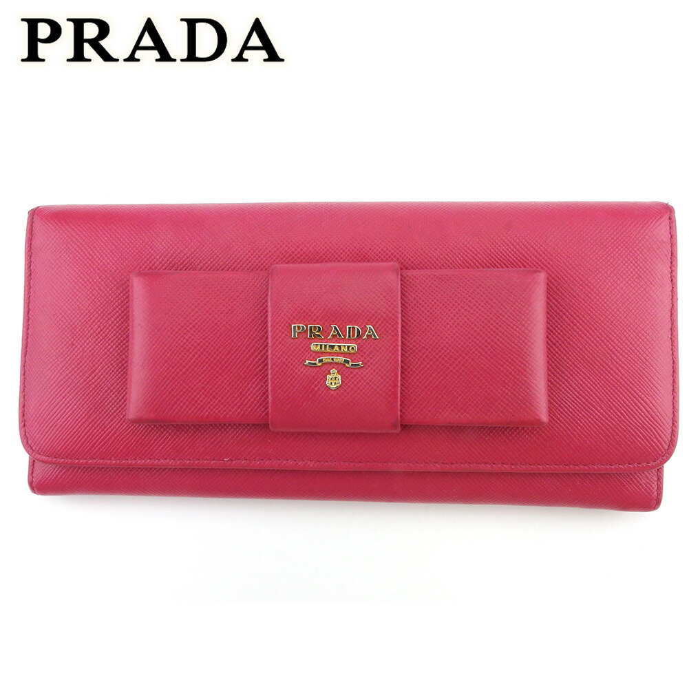【お買い物マラソン★30％OFFクーポン】プラダ PRADA 長財布 リボン ピンク ゴールド メンズ 中古 ブランド ハイブランド ヴィンテージ