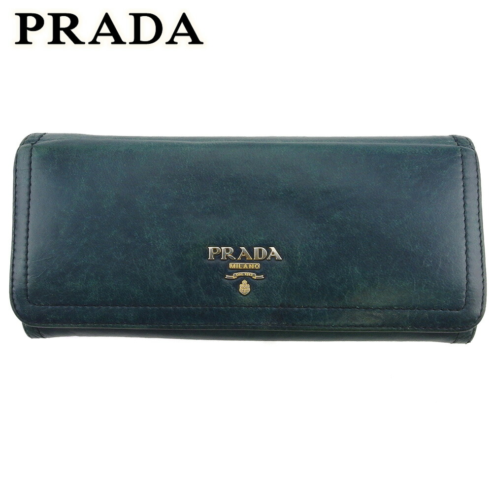 【新生活応援★29％OFFクーポン】プラダ PRADA 長財布 ロゴ グリーン ブルー ゴールド メンズ 中古 ブランド ハイブランド ヴィンテージ