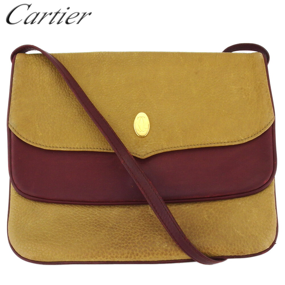 【月代わりの人大売り出し★29％OFFクーポン券】カルティエ CARTIER ショルダーバッグ 船檣伝達ルート ベージュ ボルドーワイン ゴールド メンズ 中古 ブランド名 ご機嫌ブランド名 ヴィンテージ