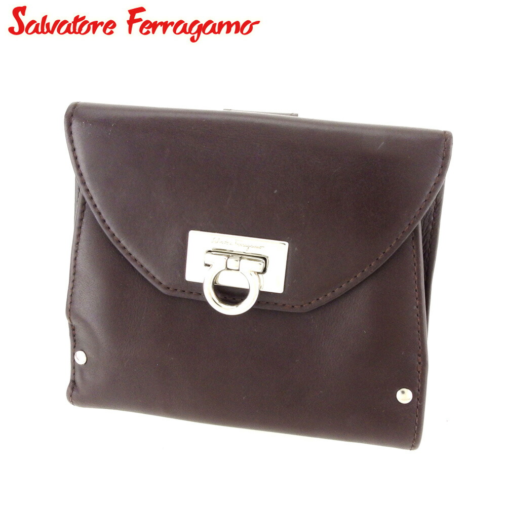 【決算前SALE★50％OFFクーポン券】サルヴァトーレフェラガモ Salvatore Ferragamo 二つ折り紙入れ ガンチーニ 赤銅色 しろがね色 レディース 中古 ブランド名 ご機嫌ブランド名 ヴィンテージ
