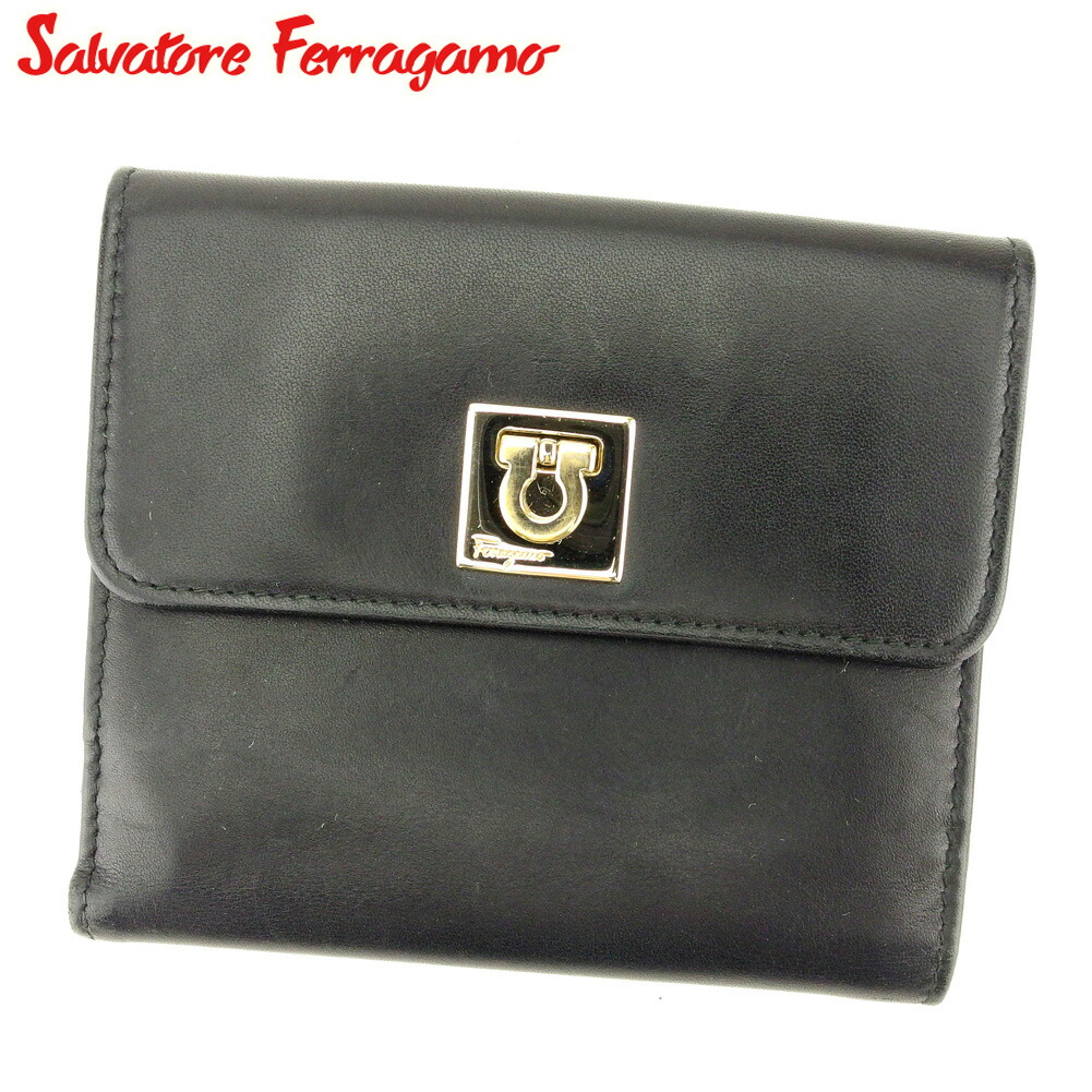 【お買い物マラソン★30％OFFクーポン】サルヴァトーレフェラガモ Salvatore Ferragamo 二つ折り財布 ガンチーニ ブラック メンズ 中古 ブランド ハイブランド ヴィンテージ
