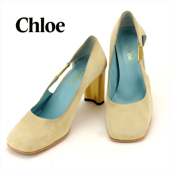【お買い出しマラソン★30％OFF引き換え証】クロエ Chloe パンプス ロゴタイプ一皿 ♯36 スクエアトゥ ベージュ ゴールド レディース 中古 ブランド名 ご機嫌ブランド名 ヴィンテージ パンプス-靴-レディース靴