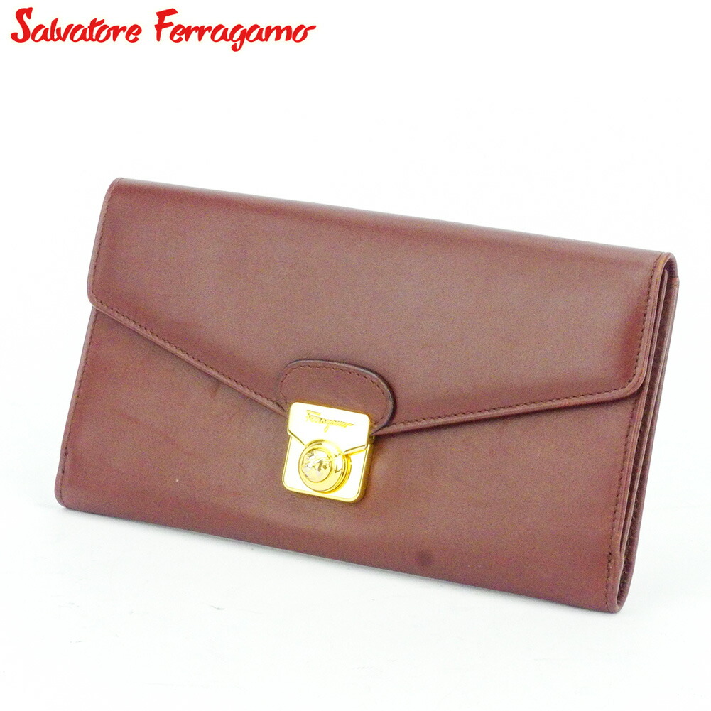 【お買い物マラソン★30％OFFクーポン】サルヴァトーレフェラガモ Salvatore Ferragamo 長財布 ロゴプレート ブラウン レッド ゴールド レディース 中古 ブランド ハイブランド ヴィンテージ