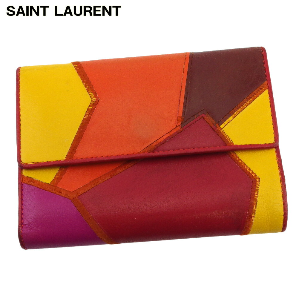 【雨季得SALE★21％OFFクーポン券】サンローラン SAINT LAURENT 三つ折り紙入れ パッチワーク 赤いこと オレンジ色 黄色系 レディース 中古 ブランド名 ご機嫌ブランド名 ヴィンテージ