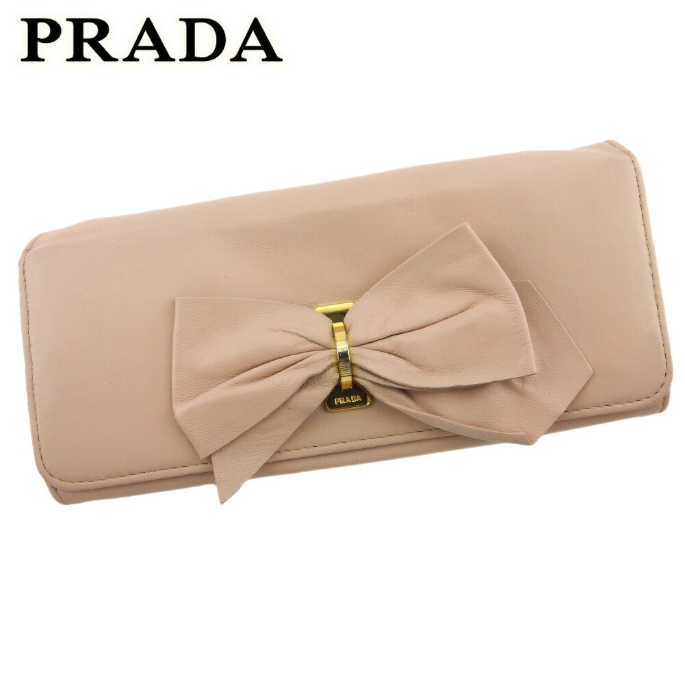 【お買い物マラソン★30％OFFクーポン】プラダ PRADA 長財布 リボン ピンク ゴールド レディース 中古 ブランド ハイブランド ヴィンテージ