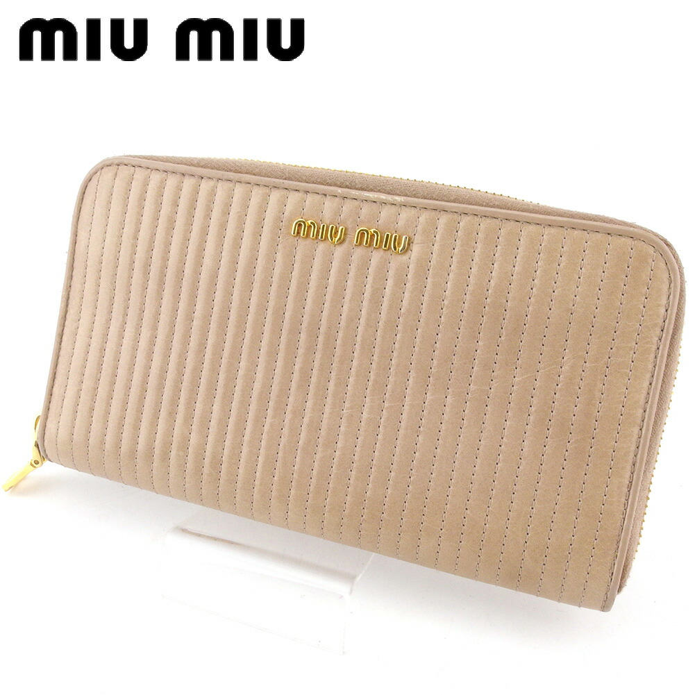 【お買い物マラソン★30％OFFクーポン】ミュウミュウ MIUMIU 長財布 ステッチ ピンク ベージュ ゴールド メンズ 中古 ブランド ハイブランド ヴィンテージ