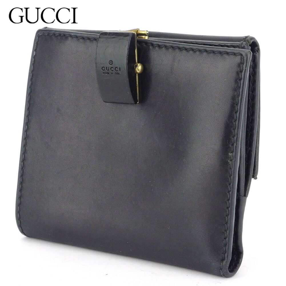 【お買い物マラソン★30％OFFクーポン】グッチ GUCCI 二つ折り財布 ロゴ ブラック ゴールド メンズ 中古 ブランド ハイブランド ヴィンテージ