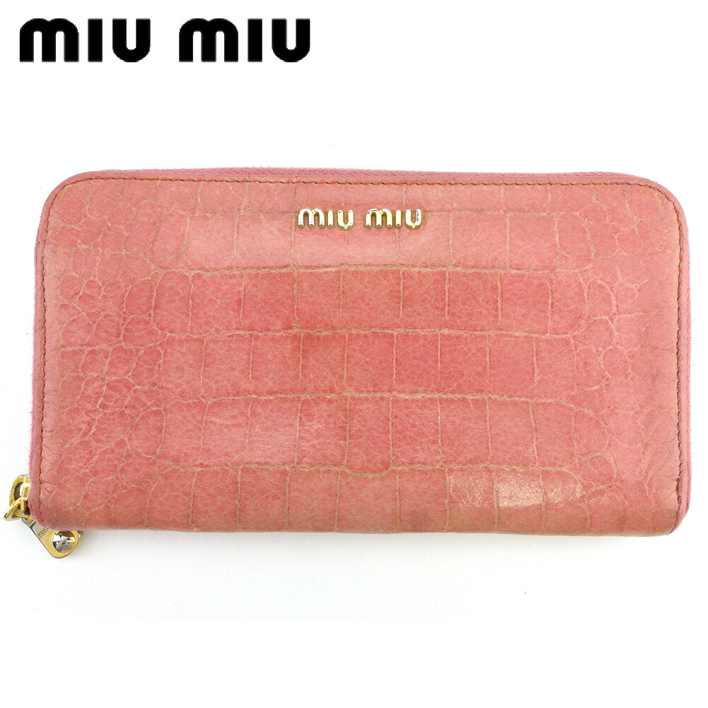 【決算前SALE★50％OFFクーポン券】ミュウミュウ MIUMIU 長紙入れ クロコ調 サクラ色 ゴールド メンズ 中古 ブランド名 ご機嫌ブランド名 ヴィンテージ