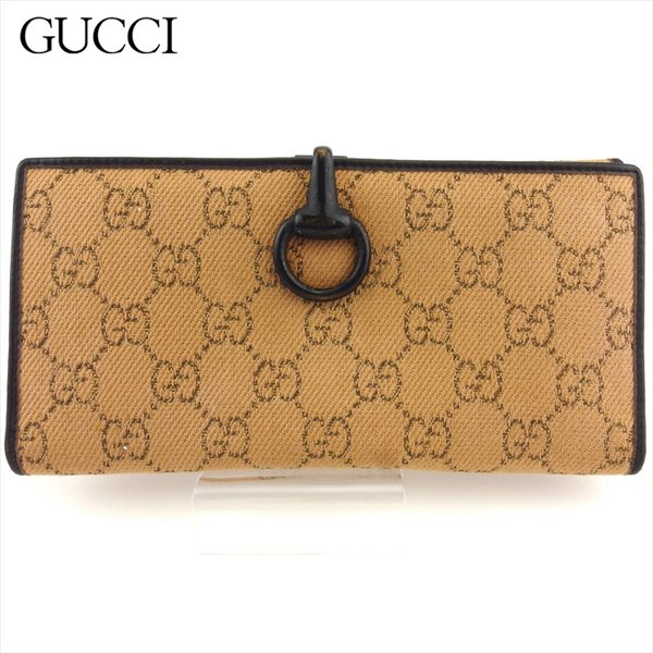 【お買い出しマラソン★30％OFF引き換え証】グッチ GUCCI 長札入れ GG帆布 ベージュ 黒いこと レディース 中古 ブランド名 ご機嫌ブランド名 ヴィンテージ 財布・ケース-バッグ・小物・ブランド雑貨