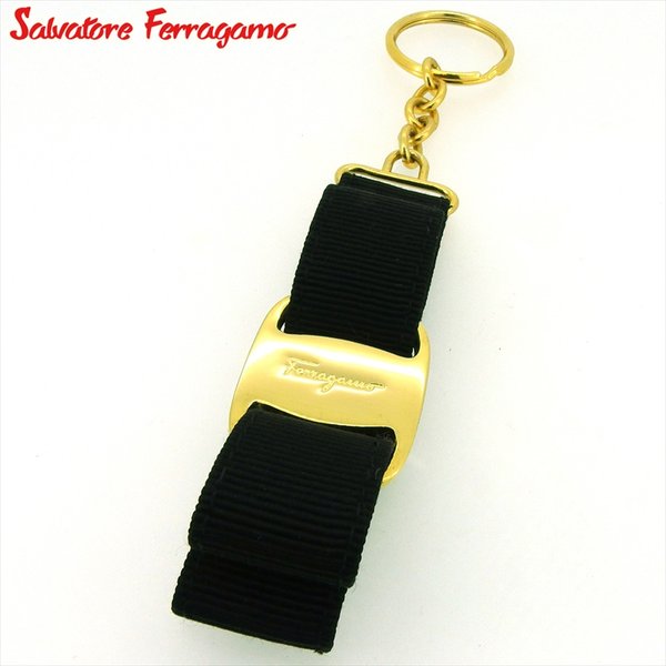 【決算前SALE★50％OFFクーポン】サルヴァトーレフェラガモ Salvatore Ferragamo キーリング ヴァラリボン ブラック ゴールド レディース 中古 ブランド ハイブランド ヴィンテージ
