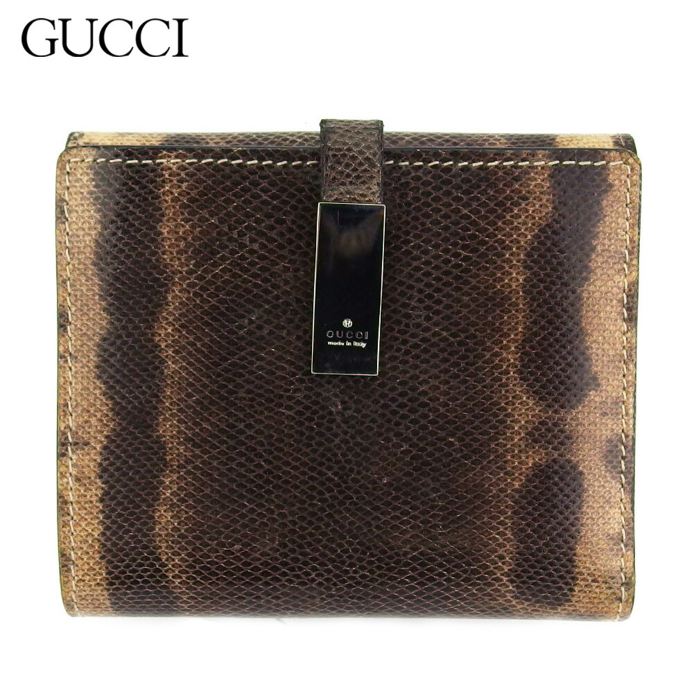 【月代わりの人大売り出し★29％OFFクーポン券】グッチ GUCCI 二つ折り紙入れ 蜥蜴調 赤銅色 ベージュ しろがね色 メンズ 中古 ブランド名 ご機嫌ブランド名 ヴィンテージ