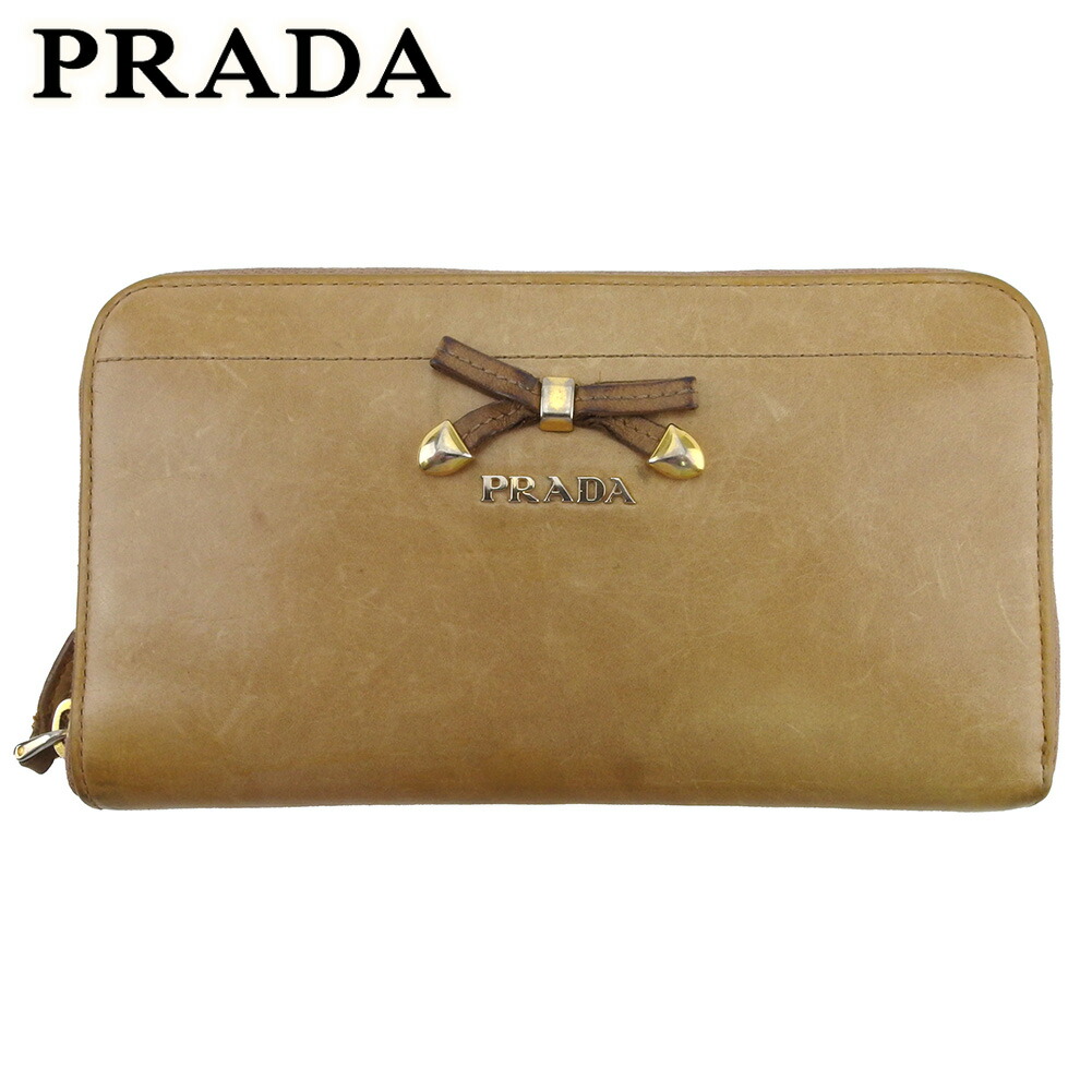 【雨季得SALE★21％OFFクーポン券】プラダ PRADA 長紙入れ シュロの葉 ベージュ ゴールド サクラ色 レディース 中古 ブランド名 ご機嫌ブランド名 ヴィンテージ